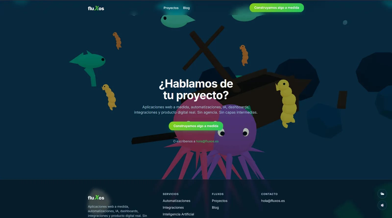 El fondo marino de la escena de Fluxos: peces, pulpos, algas y un pecio en la penumbra del lecho del mar